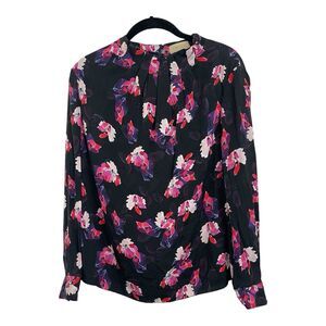 Ports Silk Blouse Womens Size 6 Long Sleeve Pleated Neck Black Pink Floral